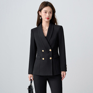 Women's Navy Blue Business Suit Set Double Breasted Wool Blend Anti-Wrinkle Office Lady Autumn Formal Wear - Product Image 4