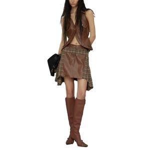 แฟชั่นวินเทจเซ็กซี่ซีรีส์เสื้อหนังคอปกสีน้ำตาลและกระโปรงสั้นชุดสองชิ้น - Product Image 2