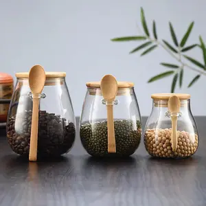Pot en verre de cuisine pot à épices en verre avec couvercle en bois de bambou récipient de stockage des aliments avec cuillère