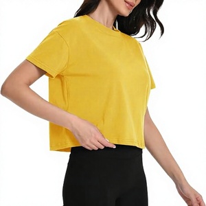 Sexy Women Yellow Color Workout <b>Crop</b> <b>Top</b> Short Sleeve Knitted T-Shirt Gym Wear T-shirt - Product Image 1