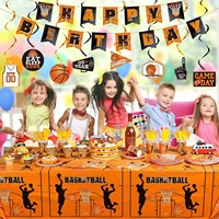 HAWIN Basketball Thème Vaisselle Pack Joyeux Anniversaire Bannière Assiettes Tasses Serviettes Couverts Décorations De Fête