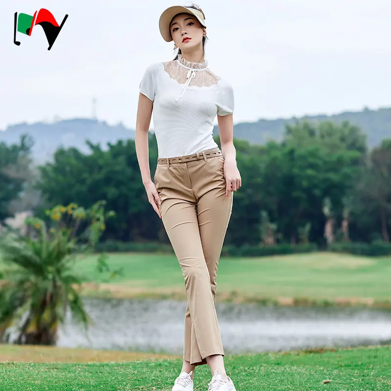 Golf Women's 2 Piece Suits Sets Summer Sun Protective Elastic Brown Pants Girl Lady Quick Dry White Bow Stand Collar Shirt