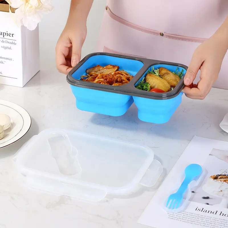 Criativa casa dobrável food grade silicone almoço comida recipiente leakproof dobrável silicone bento lancheira com 2 divisor