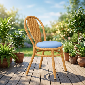 Chaise de jardin légère en rotin indonésien avec coussin bleu, pieds effilés, mobilier de patio rustique pour l'extérieur - Product Image 2