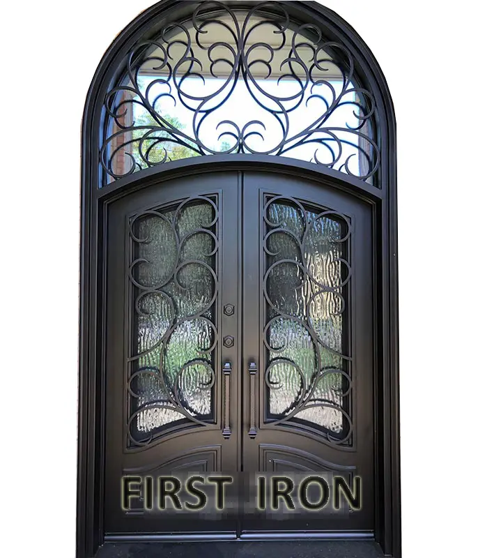 Competitive price wrought iron glass entry door design with transom