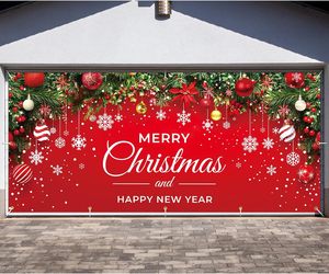 Feliz Navidad: Pancarta Roja <span class=keywords><strong>para</strong></span> Puerta de Garaje, Guirnalda de Pino, Lazos, Cajas de Regalo, Adornos, Cubierta <span class=keywords><strong>para</strong></span> Puerta de Garaje, Decoración <span class=keywords><strong>para</strong></span> Fiestas, Pancarta Personalizable - Product Image 4