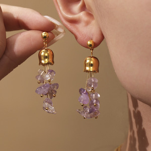 Pendientes Minimalistas de Piedra Natural Irregular, Pendientes de Amatista y Citrino, Pendientes Largos de Acero Inoxidable con Borla para Mujer - Product Image 4