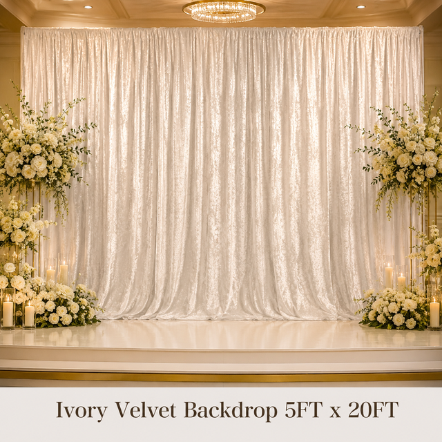 5x20FT Ivory Crushed Velvet Backdrop Curtain for Wedding Stage Photo Booth Decor Custom Size & Color