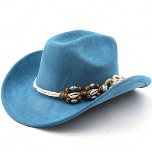 2025 Autumn Winter New Arrival Trendy Vegan Suede Western Cowboy <b>Hat</b> with Wood Beads Rope - Product Image 6