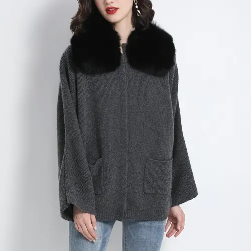 2022 Autumn Long Sleeve Ladies Fashion Fur 70%Wool 30%Cashmere Collar Knitted Cardigan Sweater