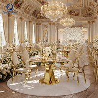 Meubles d'hôtel de luxe sur mesure, table ronde en verre avec plateau central doré, tables et chaises de réception en acier inoxydable pour les événements