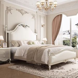 Cama de Madera Maciza Estilo Francés de 1.8m, Tamaño King, con Almacenamiento, para Recámara Principal, Color Crema, Diseño Europeo - Product Image 2
