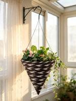 Panier suspendu conique bicolore noir et blanc, style américain, tissé à la main, avec doublure en ciment imperméable et crochet métallique pour la maison