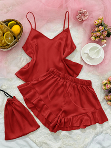 Set Pigiama Estivo Autunnale Primaverile da Donna 3 Pezzi Bestseller in Seta Ghiaccio con Schiena Aperta e Spalline - Product Image 5