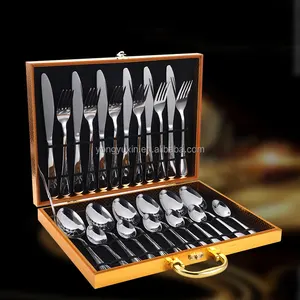 Luxury 24Pcs Flatware Spoons Forks And Knife Stainless Steel Silver Gold Cutlery Set With Gift Box