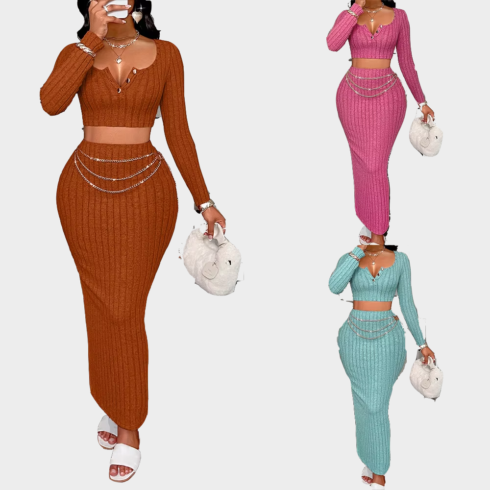 Long Top and Skirt Set Crop Top Long Skirt Women Piece