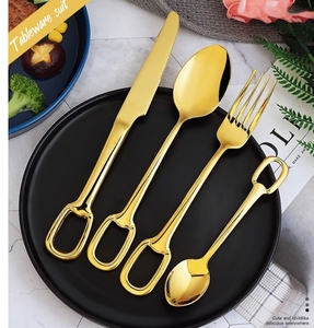 Ensemble de couverts DFU9 plaqués or, polis miroir, avec poignée à boucle carrée, couteau, fourchette et cuillère, pour cadeau, mariage, fête - Product Image 6