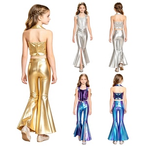 Conjunto Metálico de Dos Piezas para Niñas: Top Halter Corto y Pantalones Acampanados con Espalda Descubierta, Disfraz de Baile para Actuaciones y Fiestas, Personalizable - Product Image 1