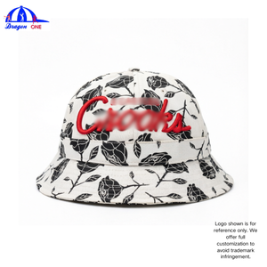 Chapeau Bob Blanc Personnalisé en Gros avec Imprimé Rose Noire et Broderie 3D Rouge en Coton – Casquette de Pêcheur Urbaine – OEM/ODM Acceptés - Product Image 1