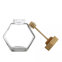 Pot en verre hexagonal pour miel de 100 ml, 220 ml, 380 ml avec cuillère en bois et couvercle en liège