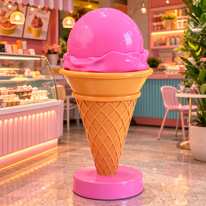 Modèle de sculpture de <span class=keywords><strong>cornet</strong></span> de crème glacée rose écologique personnalisé pour l'affichage en confiserie, statue en fibre de verre brillante pour magasin de bonbons - Product Image 3