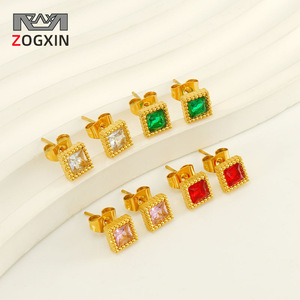 ZOGXIN Square Zircon Stud Earrings 18K Gold Plated Bezel Setting Party Jewelry Geometric Design Fashion Ear Studs - Product Image 1