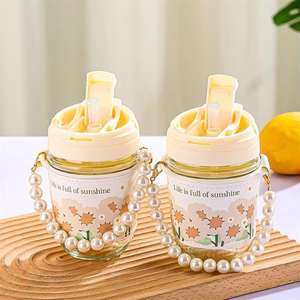 Vaso de vidrio de alta calidad con cadena de perlas, para el hogar, con doble pajita, para café, regalo, contenedor de agua - Product Image 5