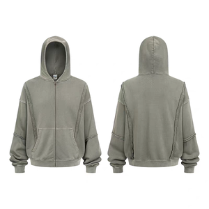 Ropa de calle personalizada bordada peso pesado sol desteñido <span class=keywords><strong>Zip</strong></span> up lavado ácido sudadera con diamantes de imitación Boxy recortada angustia sudaderas con capucha para hombres - Product Image 2
