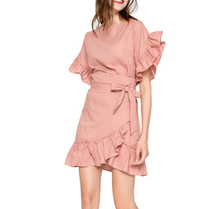 GIMILY OEM y ODM productos personalizados elegante color sólido Delgado Lino algodón mini vestido volantes Vestido de manga corta con buena calidad - Product Image 1