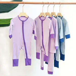 2024 produk baru pakaian bayi Solid label pribadi baju tidur bambu piyama mewah lipat di atas manset Ribbed ritsleting baju monyet bayi
