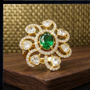 925 Silver Emerald Kundan Floral <b>Ring</b> <b>Gold</b> Adjustable Statement Flower Design Jewelry for Women Party Wear Style - Product Image 5