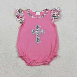 SR3845 RTS Mono de Manga Corta para Bebé, Color Rosa, con Bordado Floral de Cruz de Pascua, Venta al por Mayor, para Niños - Product Image 1