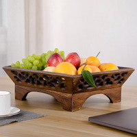 Plateau à fruits en bois sculpté, marron foncé, bol de service en bois massif avec motif ajouré pour la table de la maison, fruits et collations