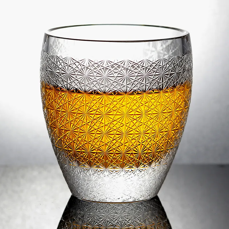 250ml Handmade Roundish Bohemian K9 Crystal Glass Whiskey Tumbler With Edo Kiriko Chrysanthemum Mesh Iced Cocktail Glass Cup