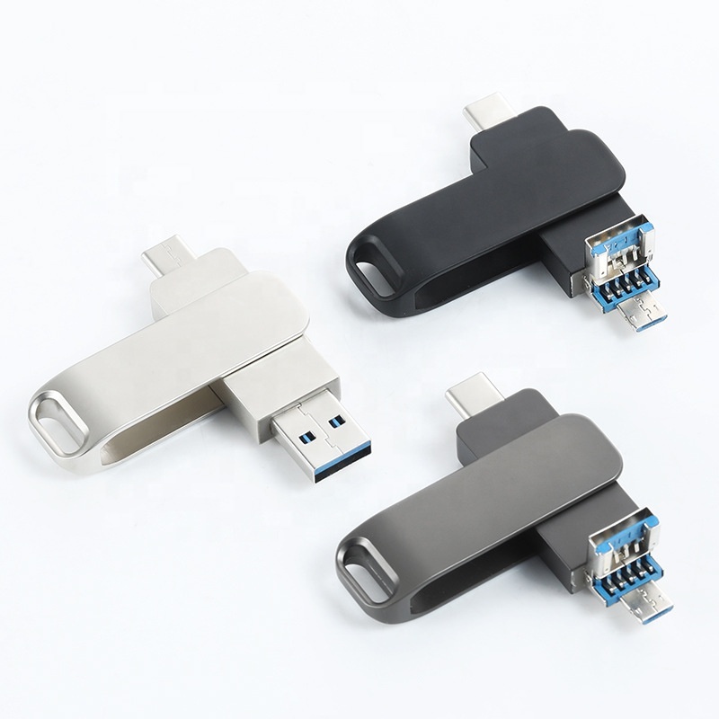 Wholesale 3 in 1 2.0 3.0 Metal Swivel Phone Type c OTG pendrive usb flash drive 16gb 32gb 64gb 128gb 256gb 512gb 1TB for iphone