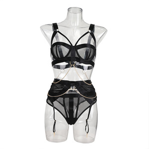 Ensemble de lingerie sexy 3 pièces avec soutien-gorge push-up à bretelles, porte-jarretelles et détails découpés, style harnais - Product Image 6