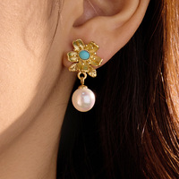Boucles d'oreilles pendantes Novirassine de luxe en pierre naturelle, motif floral, tendance, turquoise, acier inoxydable, plaqué or 18 carats, pour femme, idéales pour les soirées