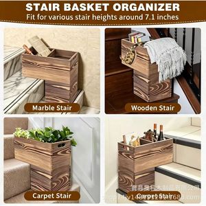 Cesta de almacenamiento rectangular de madera para escaleras, 3 niveles, con asa, para almacenamiento en la sala de estar, multiusos - Product Image 3