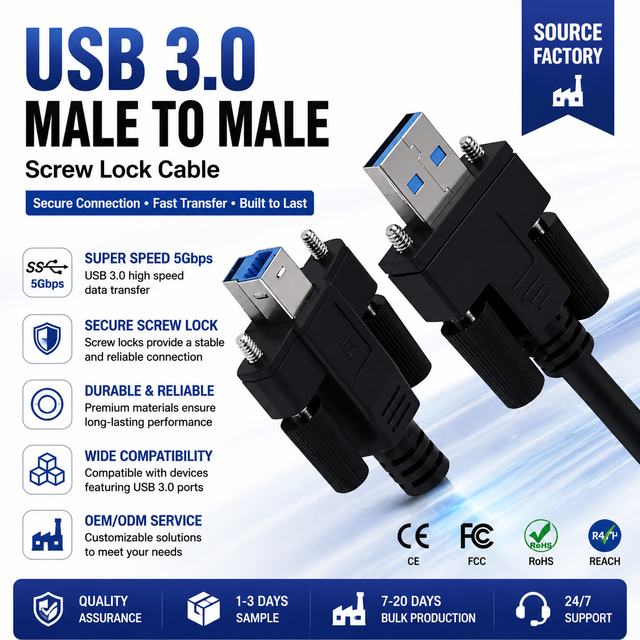 LUNG KAY USB 3.0 Industrial Cable Dual Screw Lock 5Gbps High Speed Data for Machine Vision Camera Scanner Server Storage