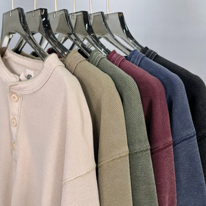 YuKaiHe 325GSM Waffelstoff Henley Hemd mit Eigenem Logo Baumwollhemd O-Ausschnitt Figurbetont Bedrucktes Herren-Langarmhemd - Product Image 6