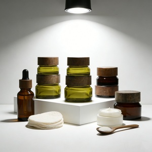 Unique Shape 15g 30g 50g Amber Olive Green Slant Shoulder Cosmetic Cream <b>Jar</b> Wide Mouth <b>Glass</b> <b>Jar</b> <b>with</b> <b>Wood</b> Screw <b>Lid</b> - Product Image 3