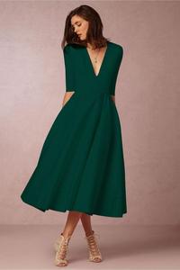 Femmes col en V couleur unie A-line <span class=keywords><strong>robes</strong></span> de style longues vêtements pour femmes dame élégante Europe <span class=keywords><strong>Sexy</strong></span> fête grand ourlet robe décontractée - Product Image 6
