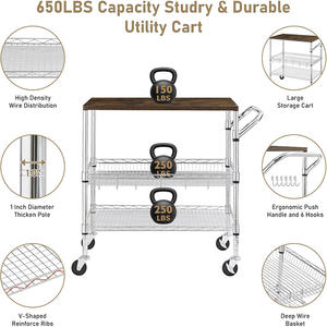 Carro rodante de 3 niveles con tapa de madera NSF, carro para servir carros de alambre con asa, estantes de utilidad, - Product Image 4