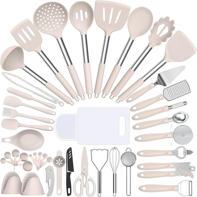 Silicone Cooking Utensil Set 43 PCS Heat Resistant Kitchen Utensil Gadgets Set Stainless Steel Handle Kitchen Spatula Tools