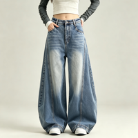 Jean ample rétro bleu uni léger pour femme, coupe large, plissé devant, fermeture éclair, longueur standard