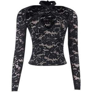 Haut court tendance pour femme en dentelle à col licou, manches longues, ajouré, en maille douce de spandex et polyester, idéal pour sortir - Product Image 3