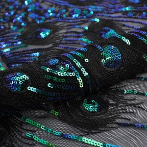 Luxury Thêu Emerald Xanh 100% Polyester Thêu <span class=keywords><strong>Peacock</strong></span> Tail <span class=keywords><strong>Pattern</strong></span> Sequin Vải - Product Image 5