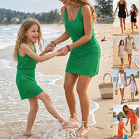 Nouvelle Robe d'été assortie mère-fille, couleur unie, style européen et américain, vente en gros, jupe portefeuille de plage pour mère et fille