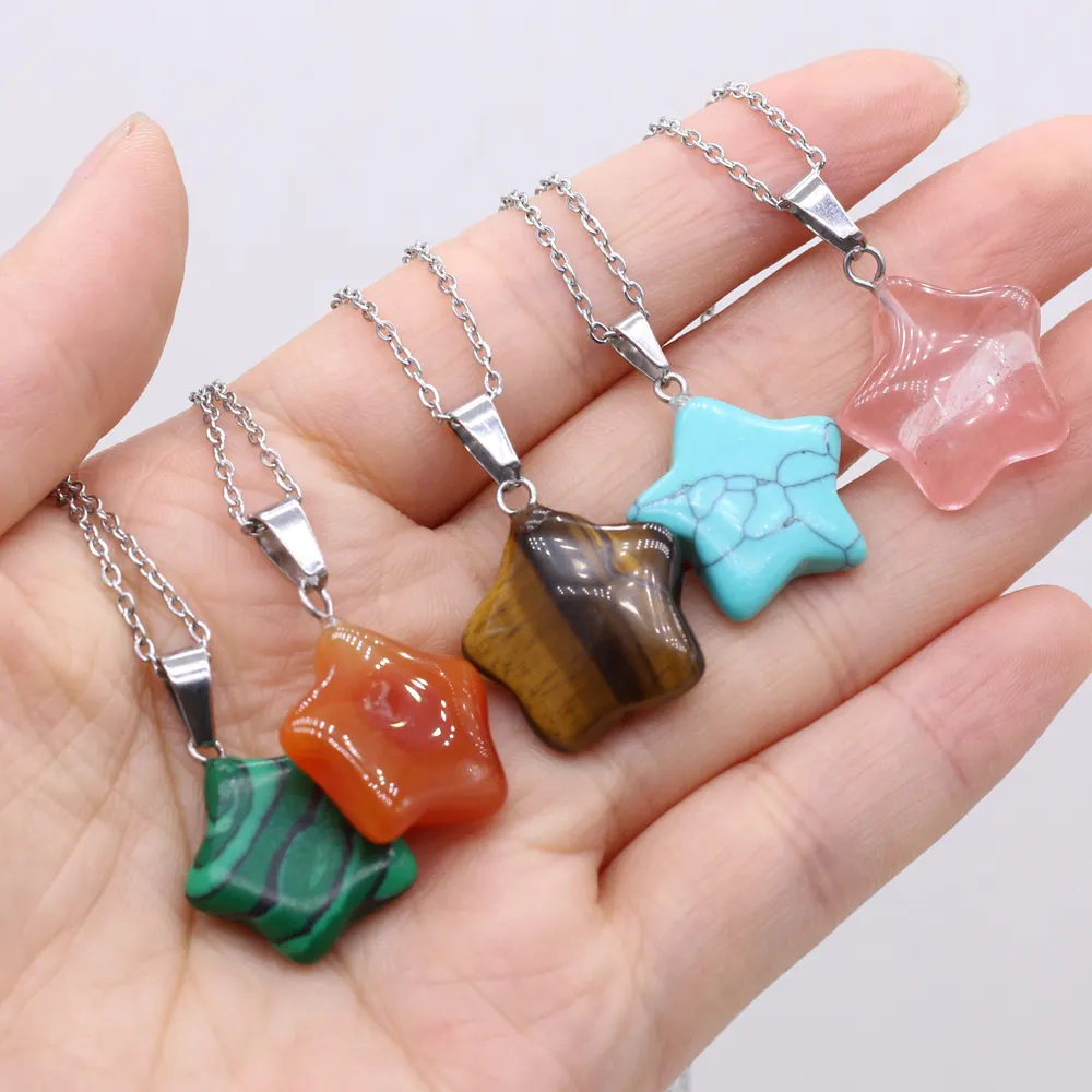 2404 Natural Five-pointed Star Shape Agates Epidote Rose Quartz Stone Pendant Necklace for Women Jewelry Gift