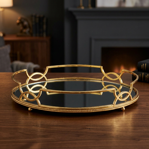 For Glam Modern Gold Mirror Serving Tray Round Brass Decorative Storage for Living Room Indoor Use SAFA INTERNATIONAL - Product Image 1